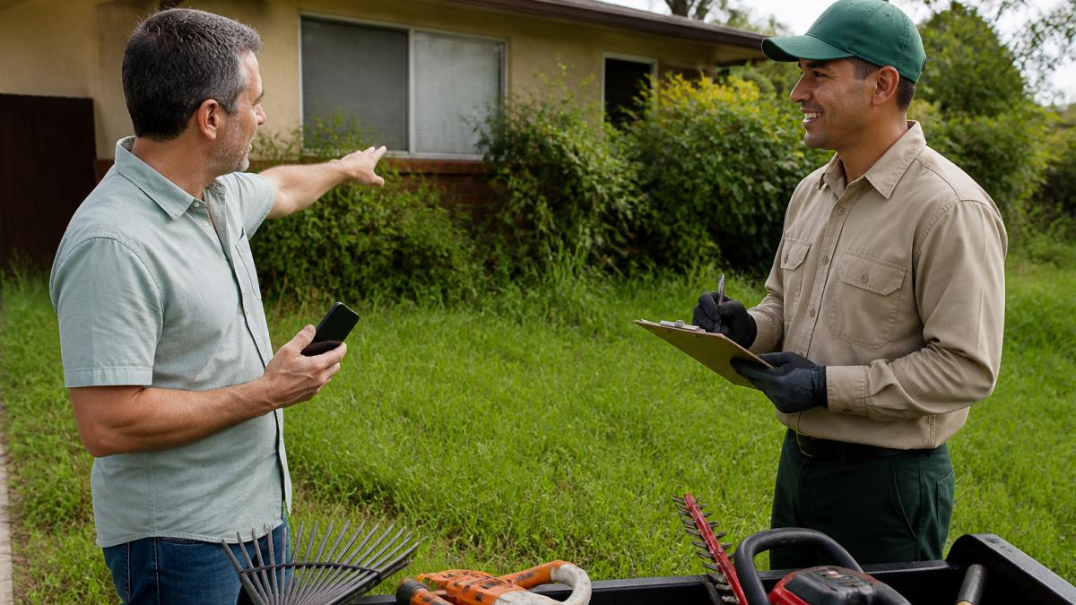 Homeowner discussing overgrown landscaping with a professional providing yard work help in a suburban front yard.