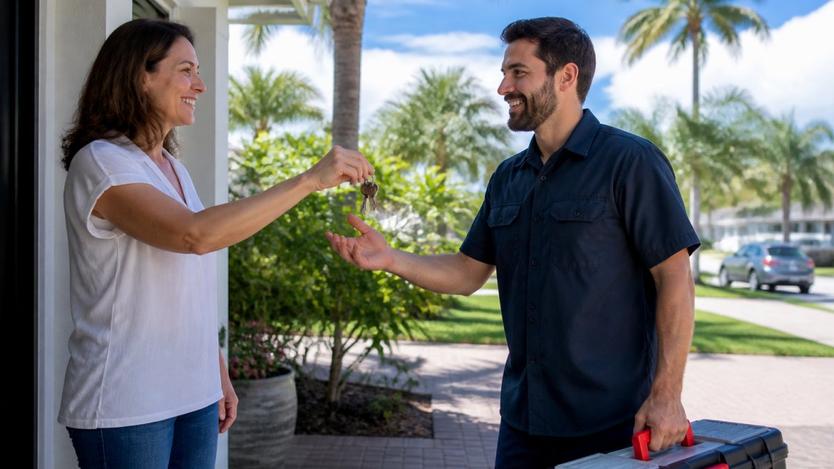 South Florida homeowner handing keys to a local handyman, a key reason to seek taskrabbit alternatives.