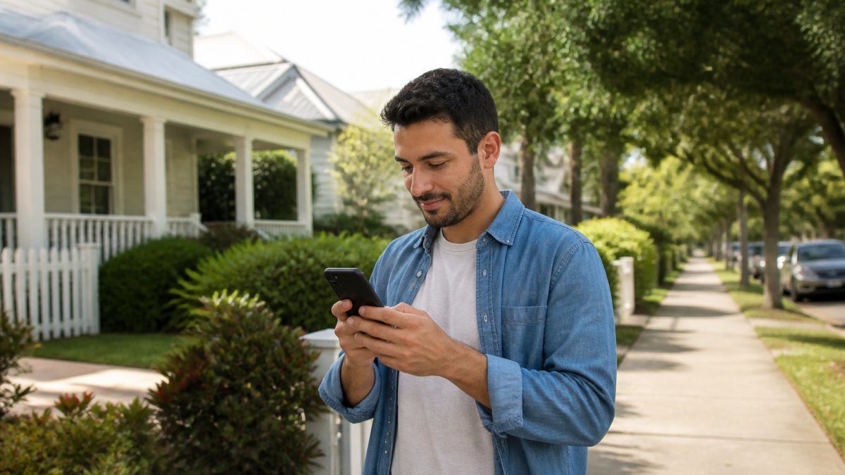 Person using a smartphone to find part-time gig work in Florida while standing in a quiet neighborhood.