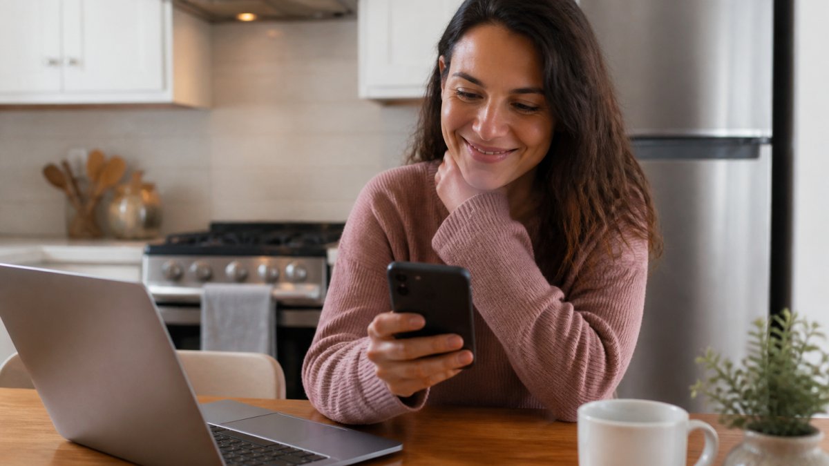 A person sitting at a kitchen table looking at their smartphone with a relieved expression, a laptop open nearby showing a job posting, warm home lighting