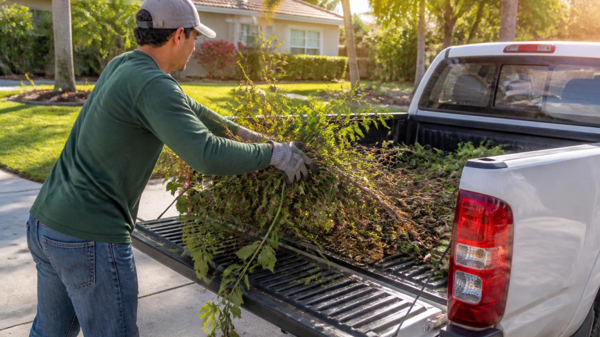 Person in casual clothes loading yard waste into a truck for local tasks in a sunny suburban driveway