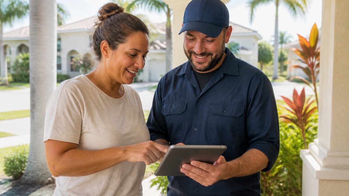 A homeowner and a handyman reviewing a tablet with reviews and ratings on a front porch in a sunny South Florida neighborhood