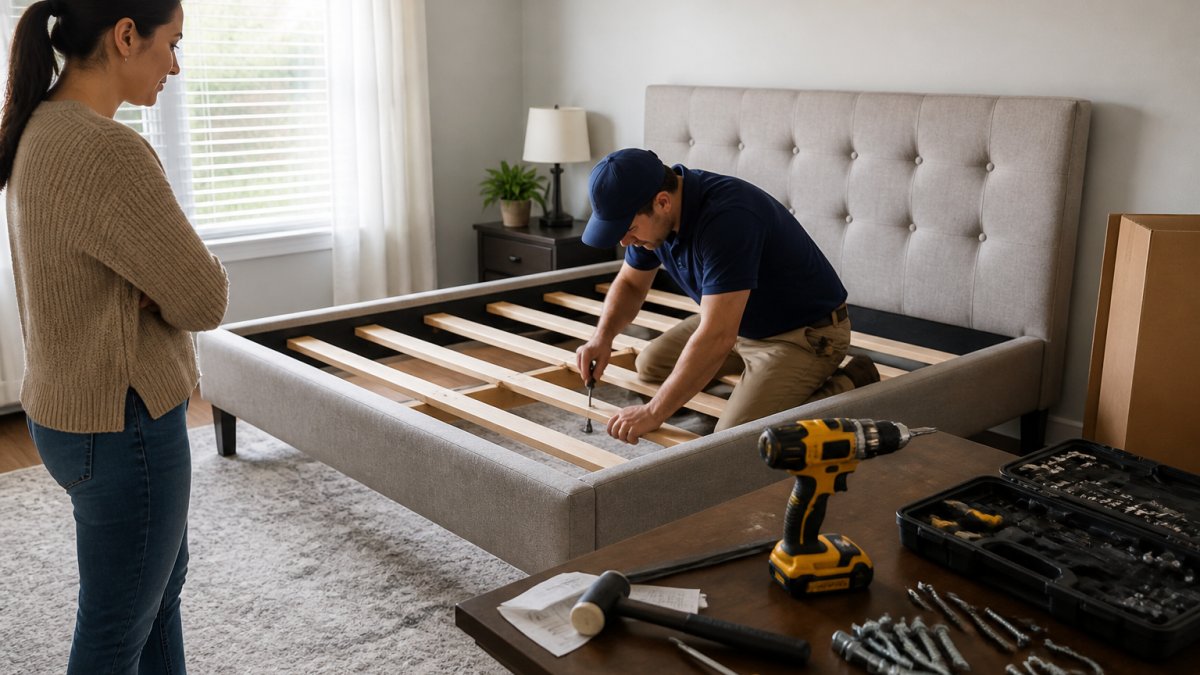 Infographic flowchart showing the steps to find someone assemble furniture and what to expect on assembly day.