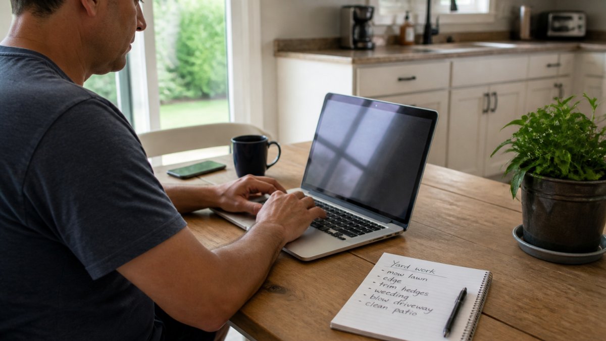 A homeowner sitting at a kitchen table with a laptop, writing a job posting on a neighborhood marketplace app, with a notepad listing yard work tasks beside the laptop