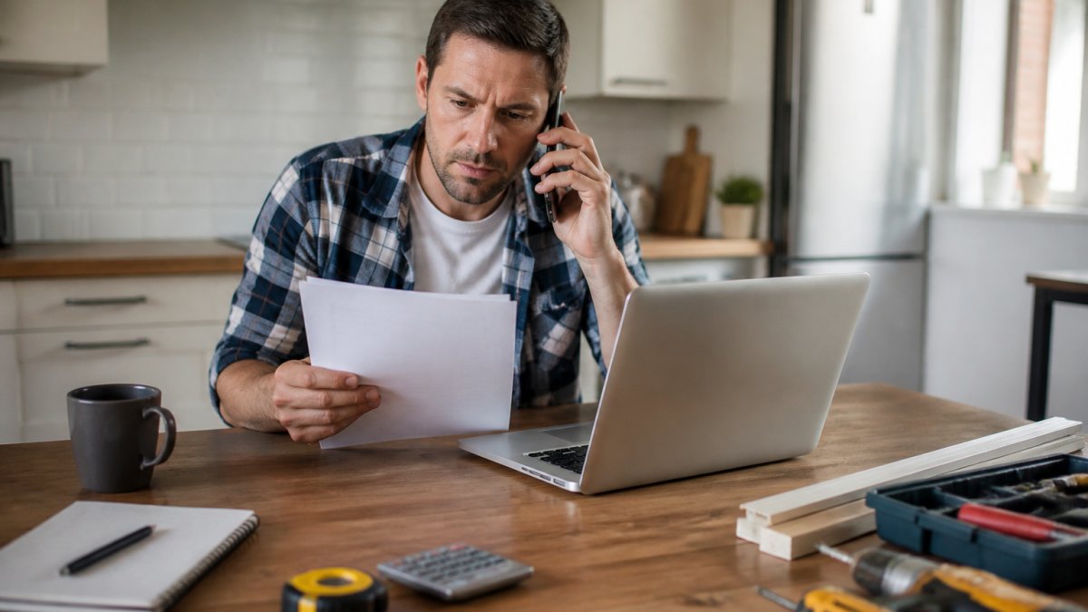 A homeowner sitting at a kitchen table reviewing a contractor's license and insurance paperwork on a laptop, with a phone in hand for a verification call
